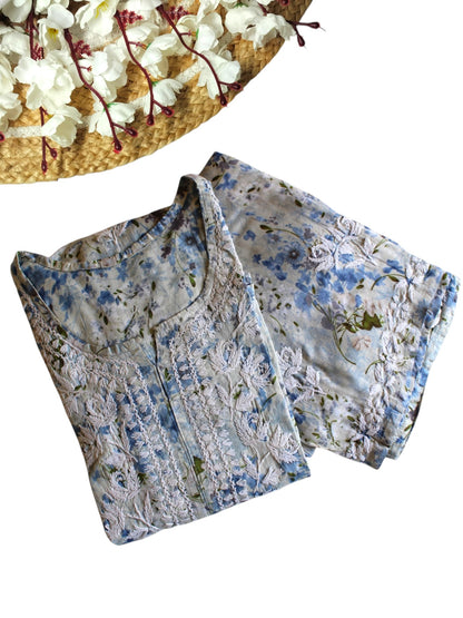 BLUE LONG MULMUL KURTA SET