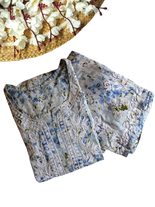 BLUE LONG MULMUL KURTA SET