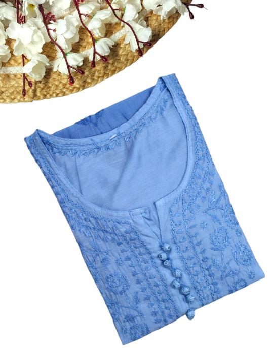 BLUE CHANDERI DUAL SHADE CHIKANKARI KURTA