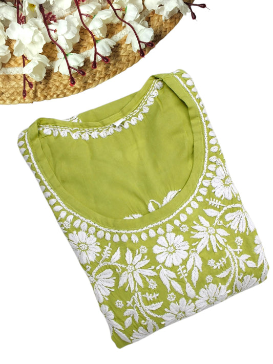 LIME GREEN MODAL LONG KURTA WITH 3D CHIKANKARI