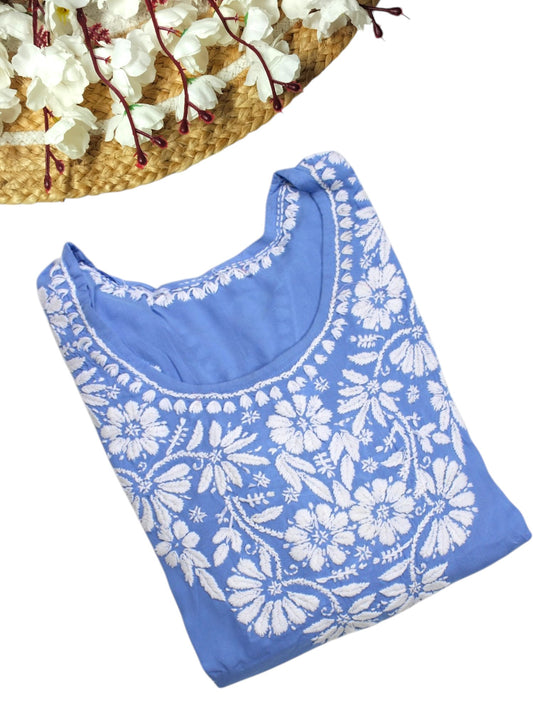 POWDER BLUE MODAL LONG KURTA WITH 3D CHIKANKARI