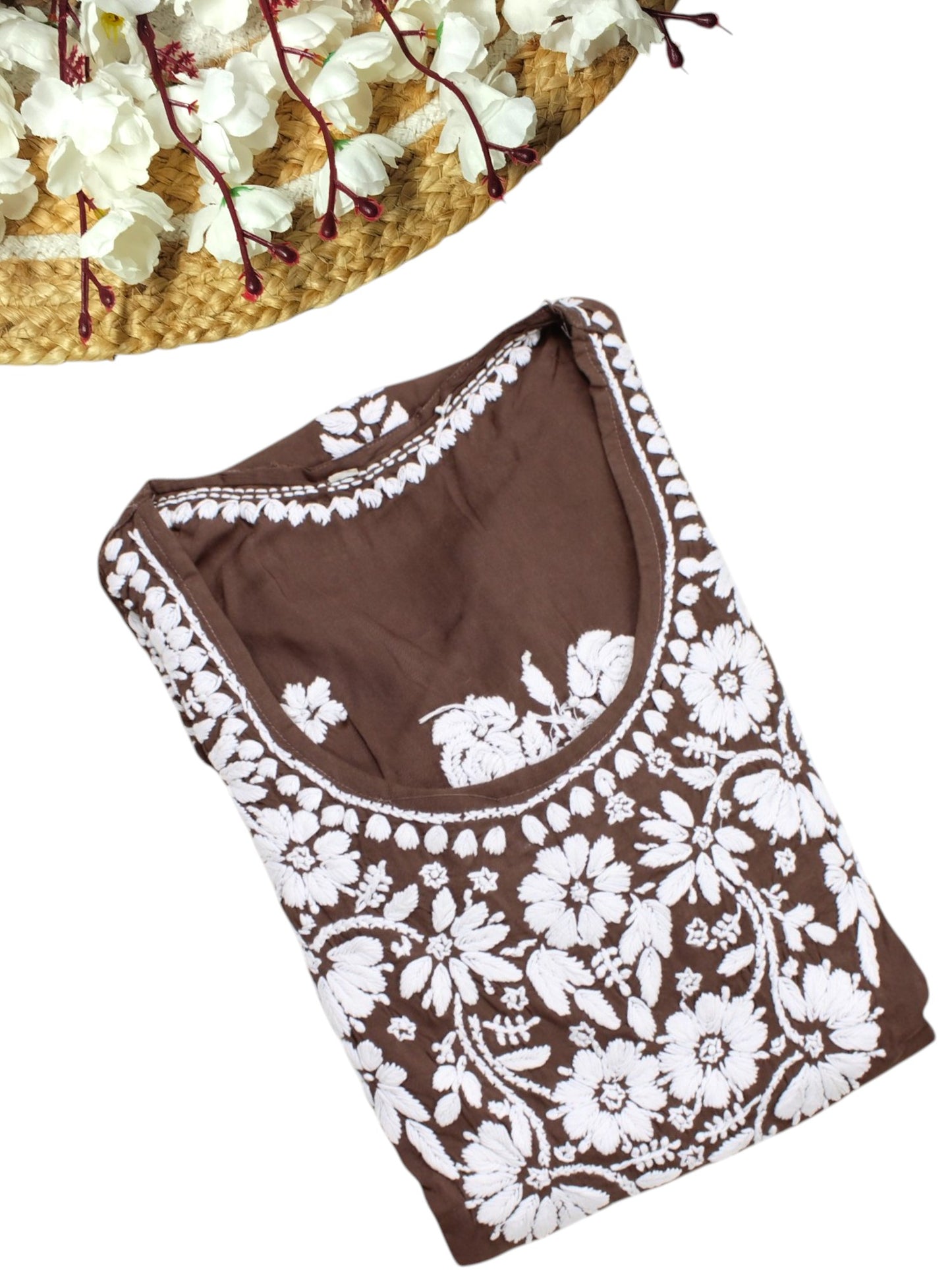 BROWN MODAL LONG KURTA WITH 3D CHIKANKARI