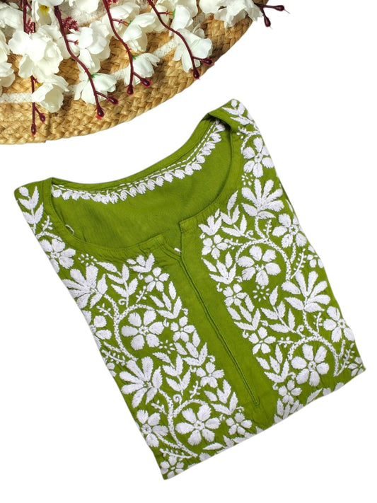 MEHNDI GREEN LONG RAYON CHIKANKARI KURTA