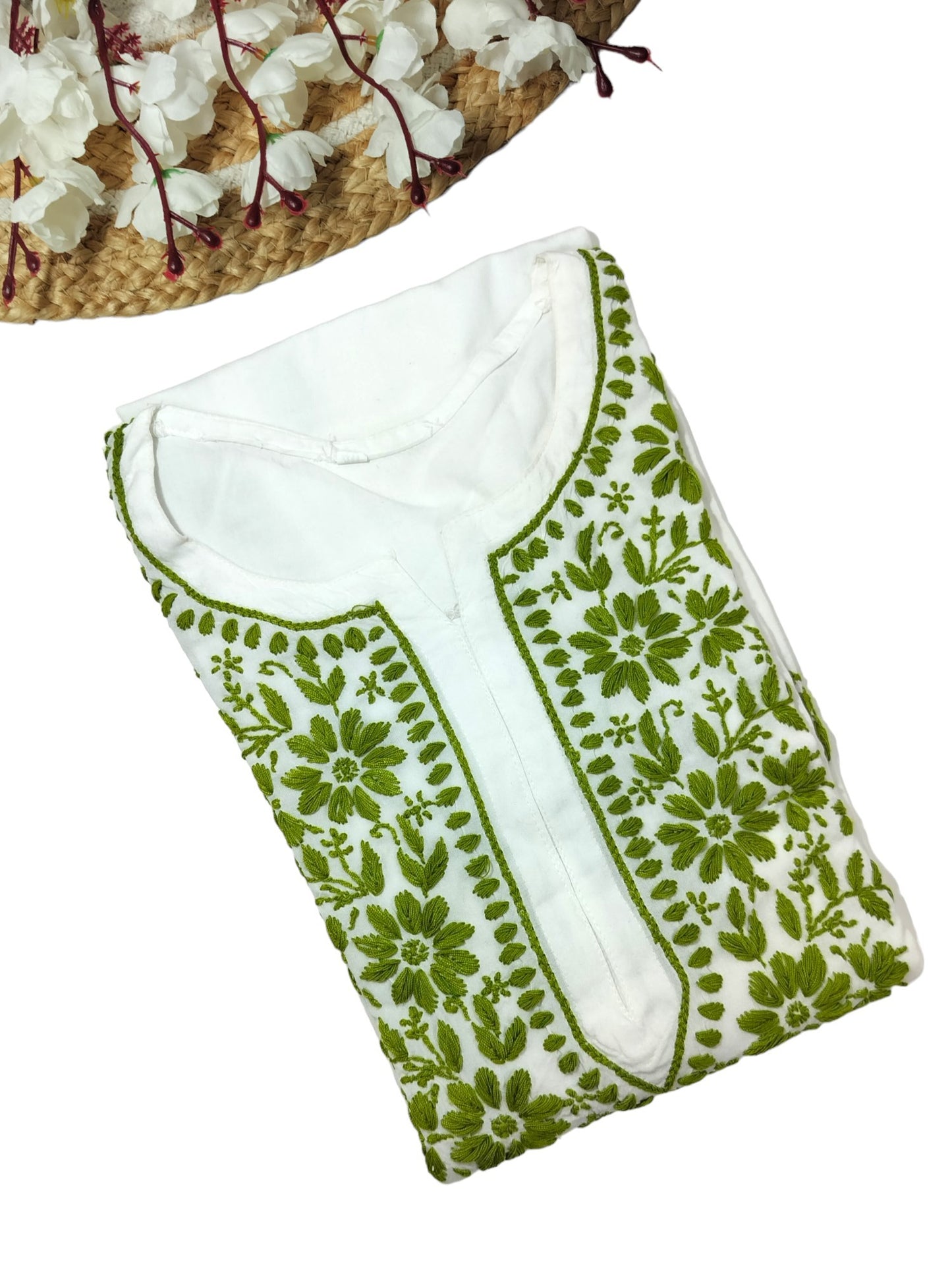 WHITE AND GREEN LONG RAYON KURTA