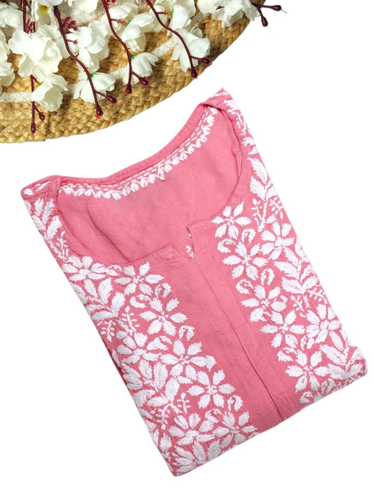 POWDER PINK LONG RAYON CHIKANKARI KURTA