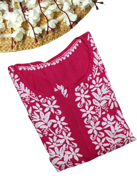 RANI PINK LONG RAYON CHIKANKARI KURTA