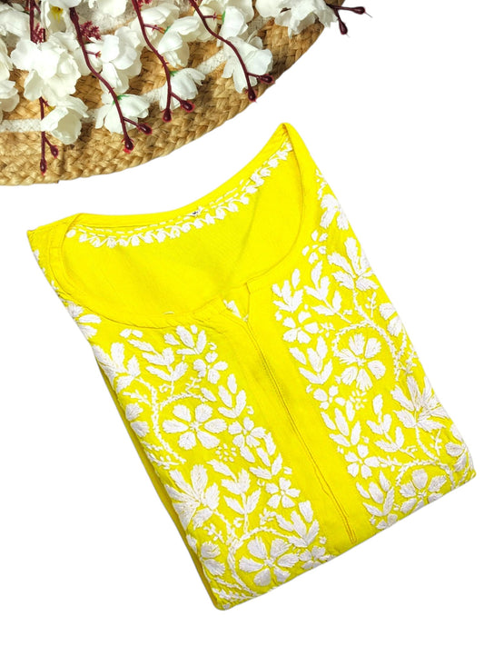 YELLOW LONG RAYON CHIKANKARI KURTA