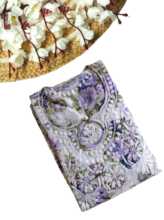 PURPLE MULMUL ROSE PRINTED LONG KURTA