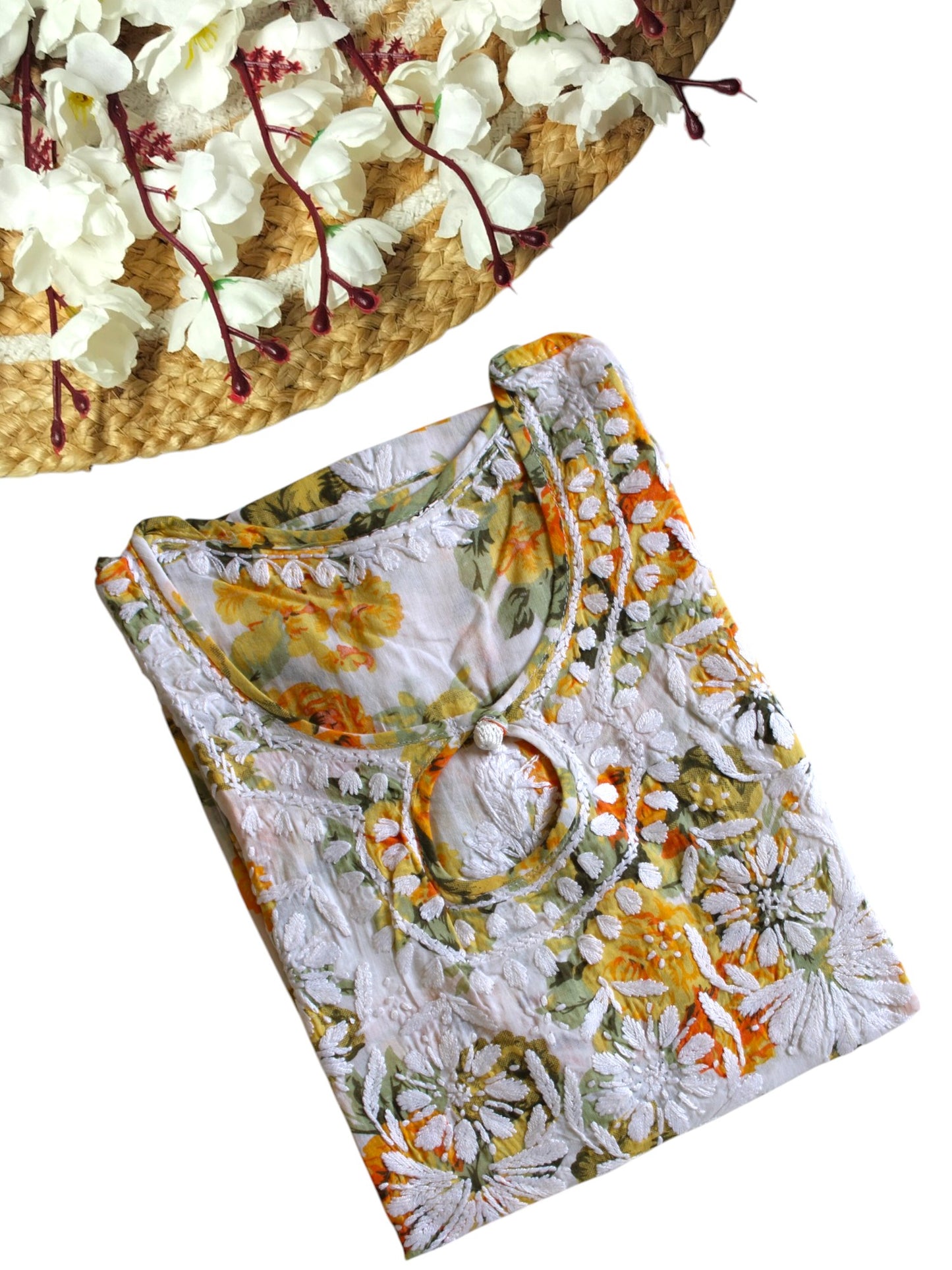 YELLOW MULMUL ROSE PRINTED LONG KURTA