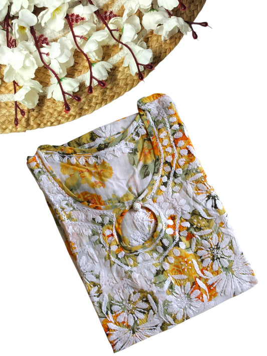 YELLOW MULMUL ROSE PRINTED LONG KURTA