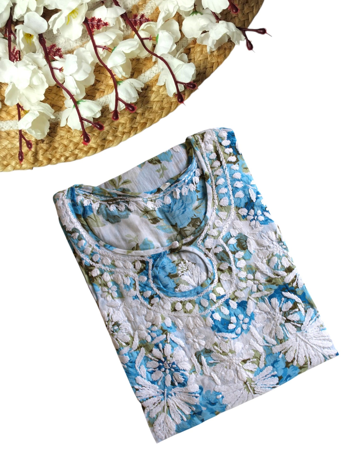 BLUE MULMUL ROSE PRINTED LONG KURTA