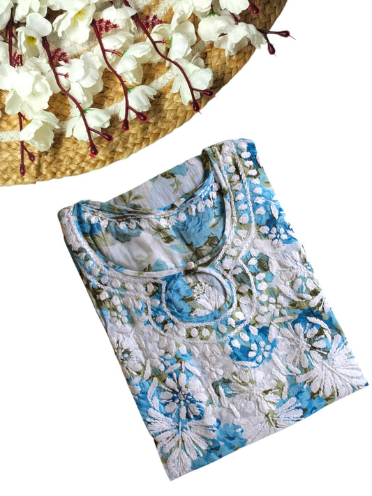 BLUE MULMUL ROSE PRINTED LONG KURTA