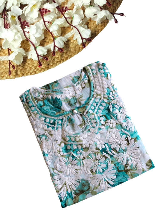 MINT GREEN MULMUL ROSE PRINTED LONG KURTA