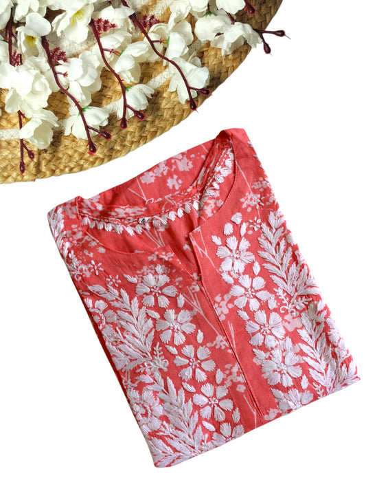 PEACH MULMUL PRINTED LONG KURTA
