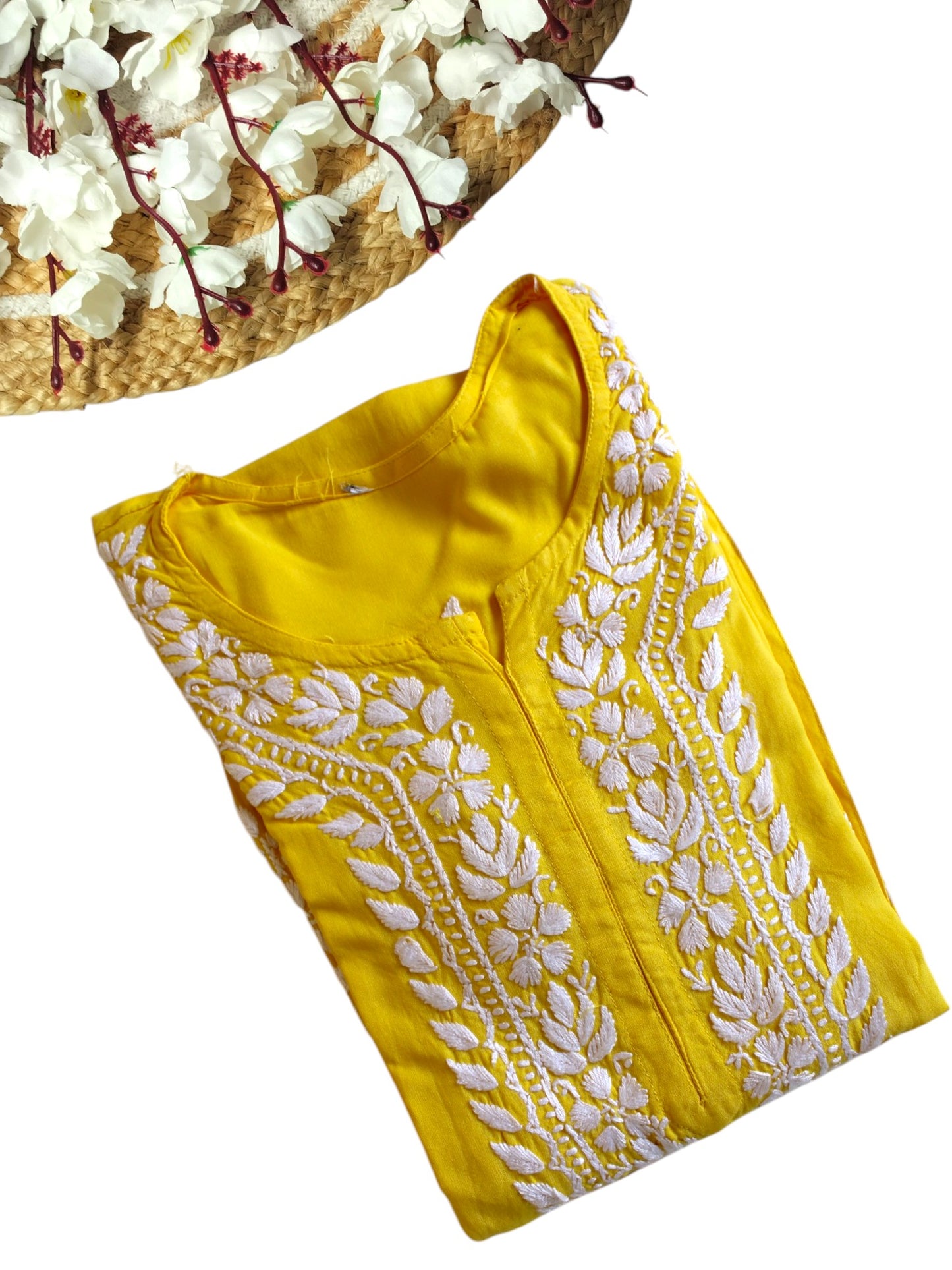 YELLOW LONG RAYON KURTA WITH FLORAL PATTERN