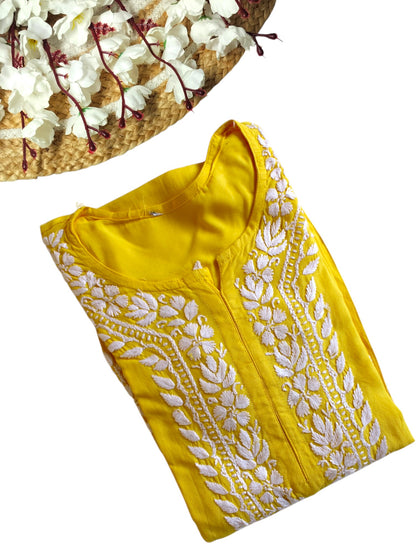 YELLOW LONG RAYON KURTA WITH FLORAL PATTERN