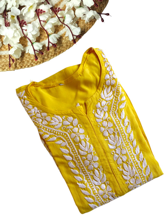 YELLOW LONG RAYON KURTA WITH FLORAL PATTERN