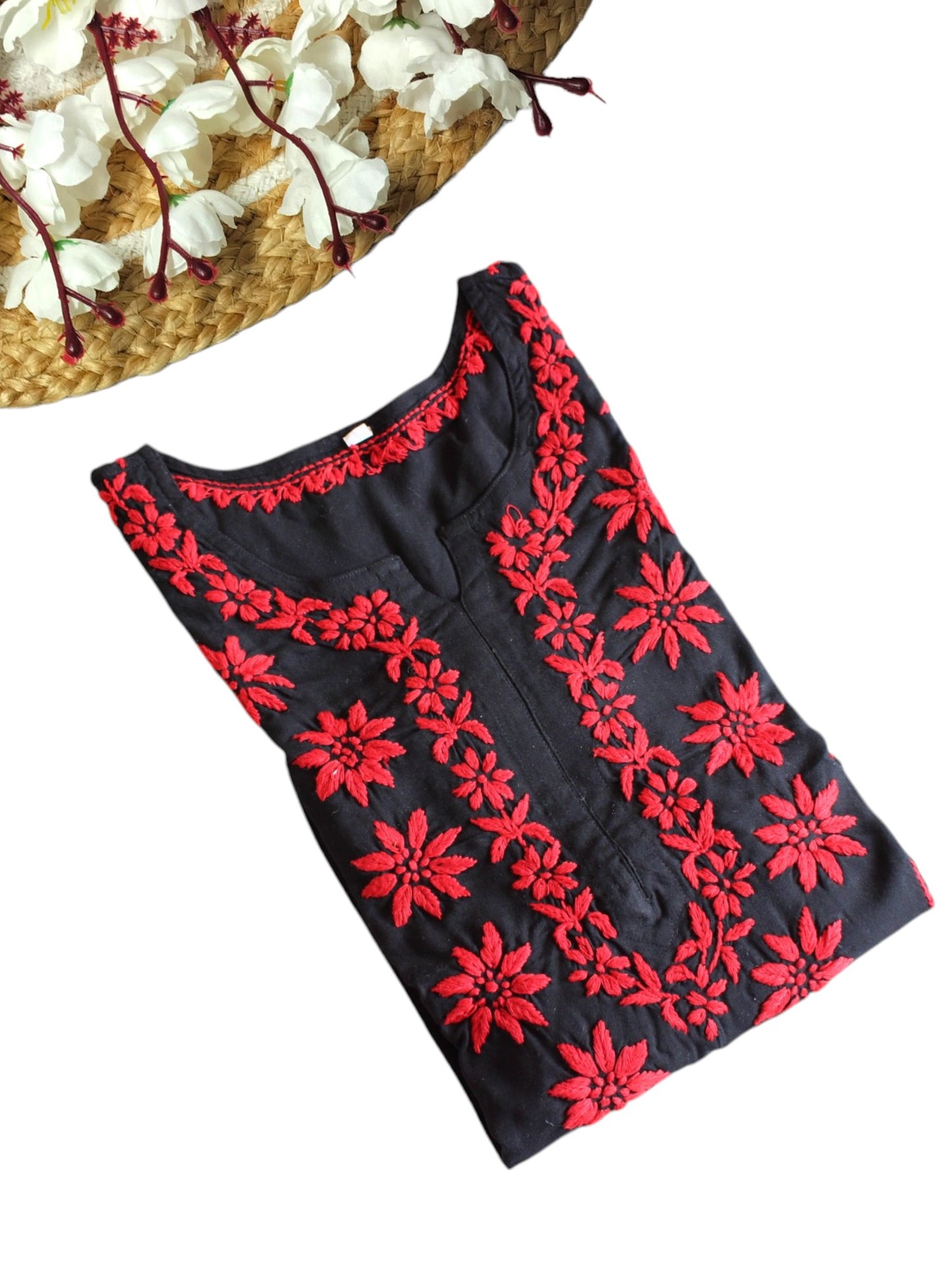 BLACK AND RED RAYON CHIKANKARI LONG KURTA