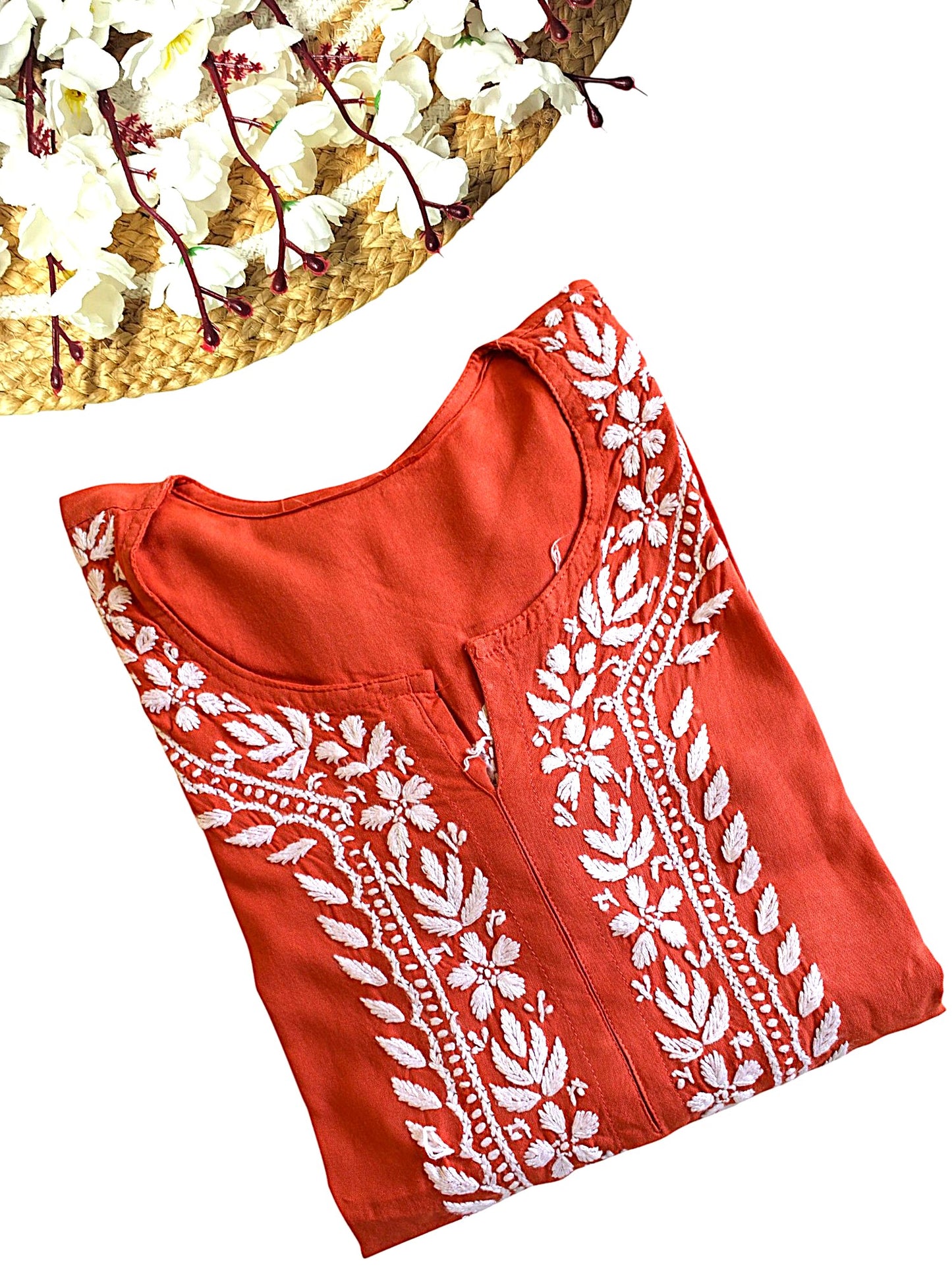 RUSTY ORANGE LONG RAYON KURTA WITH FLORAL PATTERN