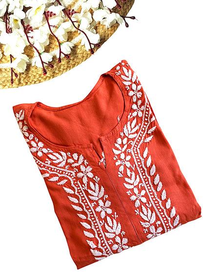 RUSTY ORANGE LONG RAYON KURTA WITH FLORAL PATTERN