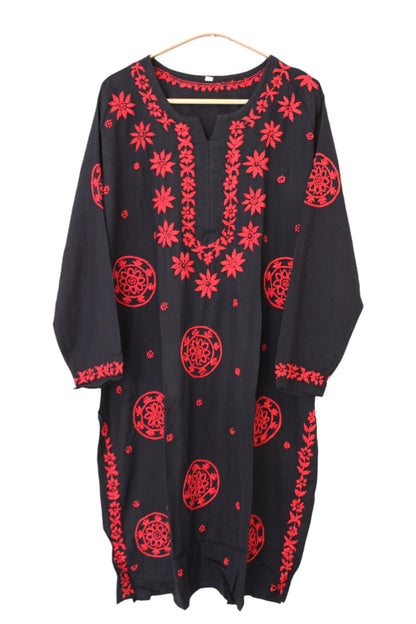 BLACK AND RED RAYON CHIKANKARI LONG KURTA