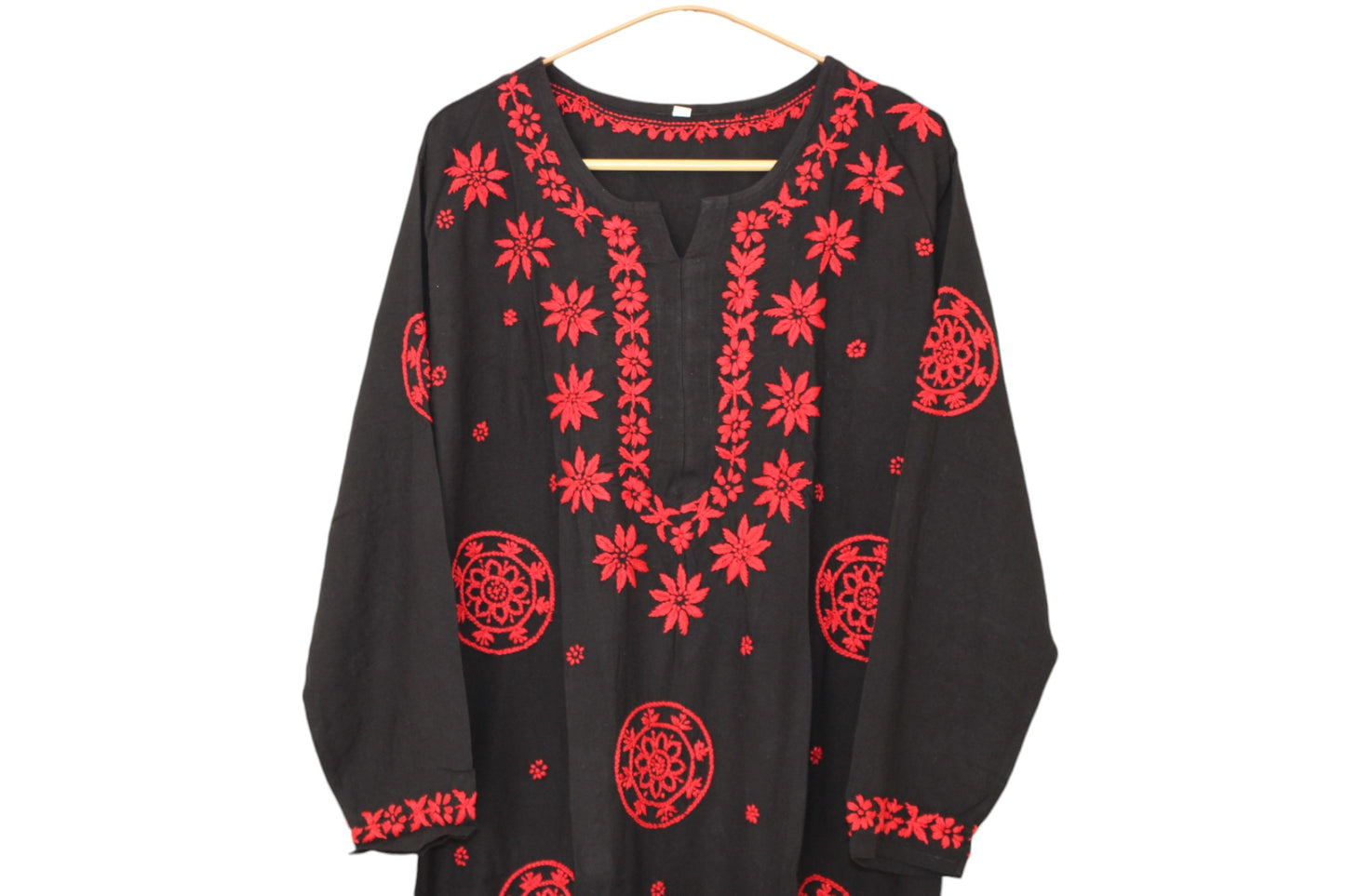 BLACK AND RED RAYON CHIKANKARI LONG KURTA