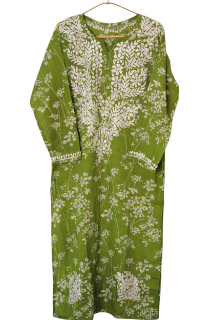 GREEN MULMUL PRINTED LONG KURTA