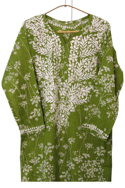 GREEN MULMUL PRINTED LONG KURTA