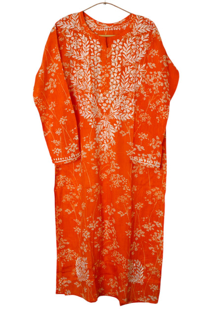 ORANGE MULMUL PRINTED LONG KURTA