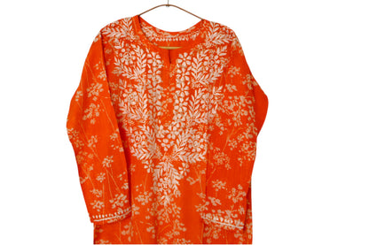 ORANGE MULMUL PRINTED LONG KURTA
