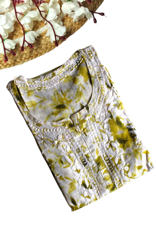 OLIVE GREEN MULMUL PRINTED LONG KURTA