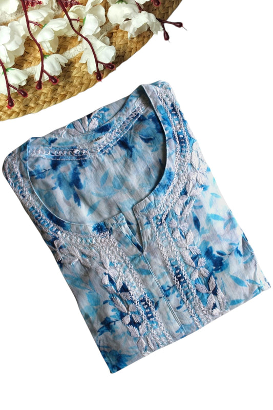 ICE BLUE MULMUL PRINTED LONG KURTA