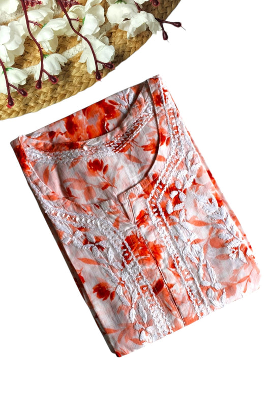ORANGE MULMUL PRINTED LONG KURTA