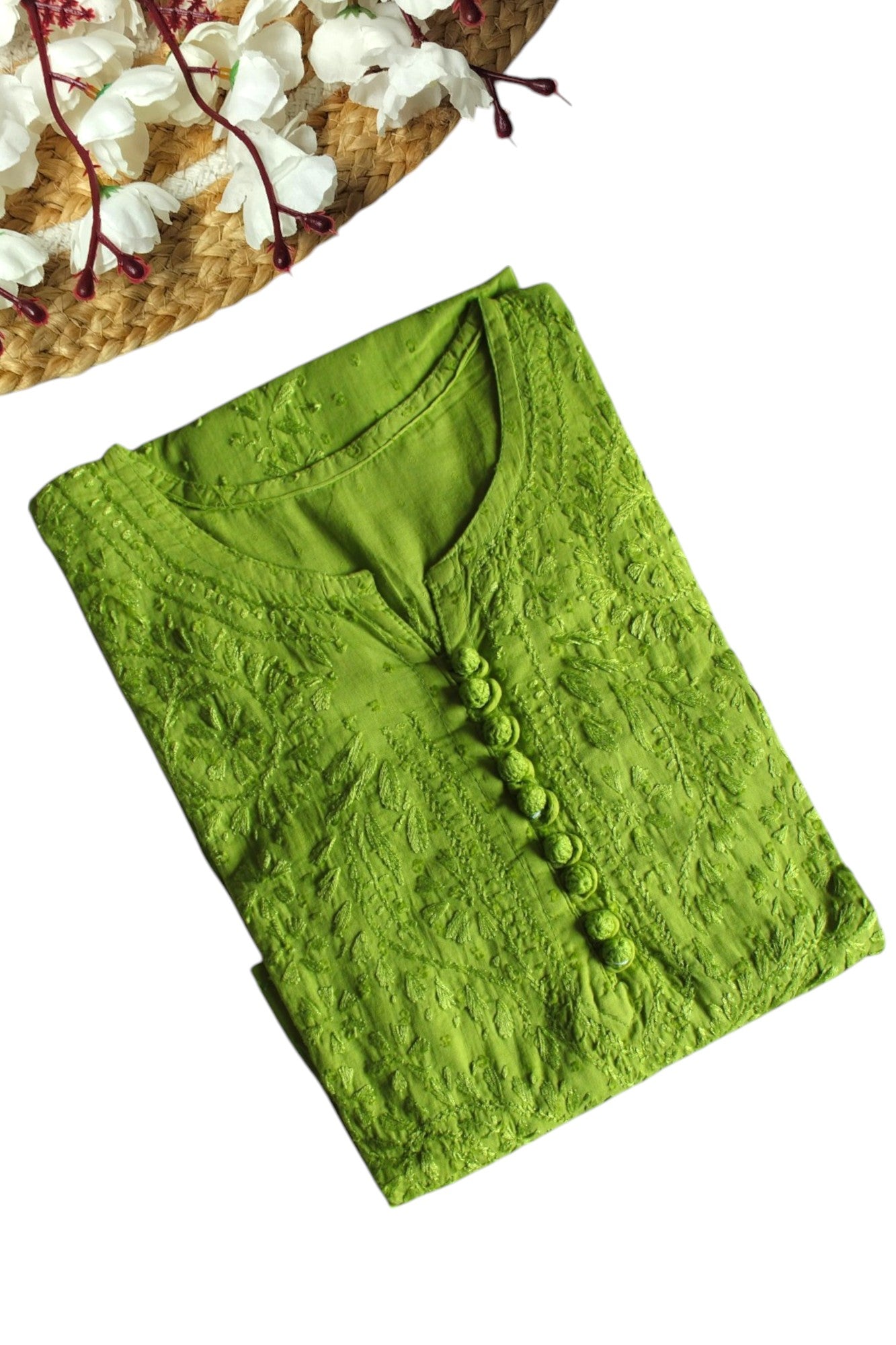 LIME GREEN DOBBY COTTON LONG KURTA