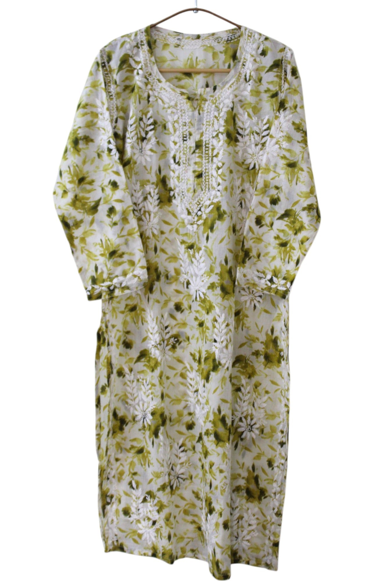 OLIVE GREEN MULMUL PRINTED LONG KURTA