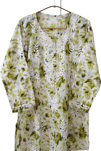 OLIVE GREEN MULMUL PRINTED LONG KURTA