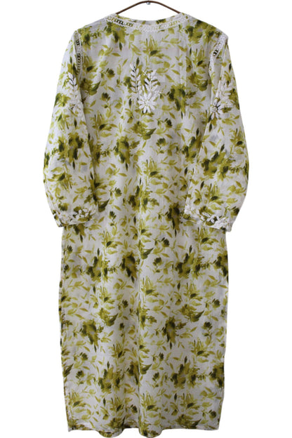 OLIVE GREEN MULMUL PRINTED LONG KURTA
