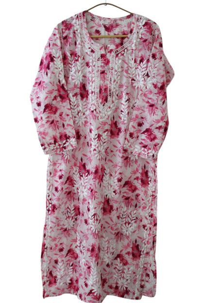 PINK MULMUL PRINTED LONG KURTA