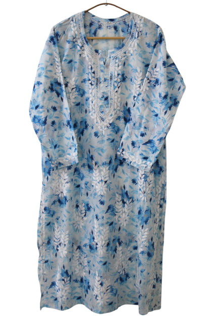 ICE BLUE MULMUL PRINTED LONG KURTA
