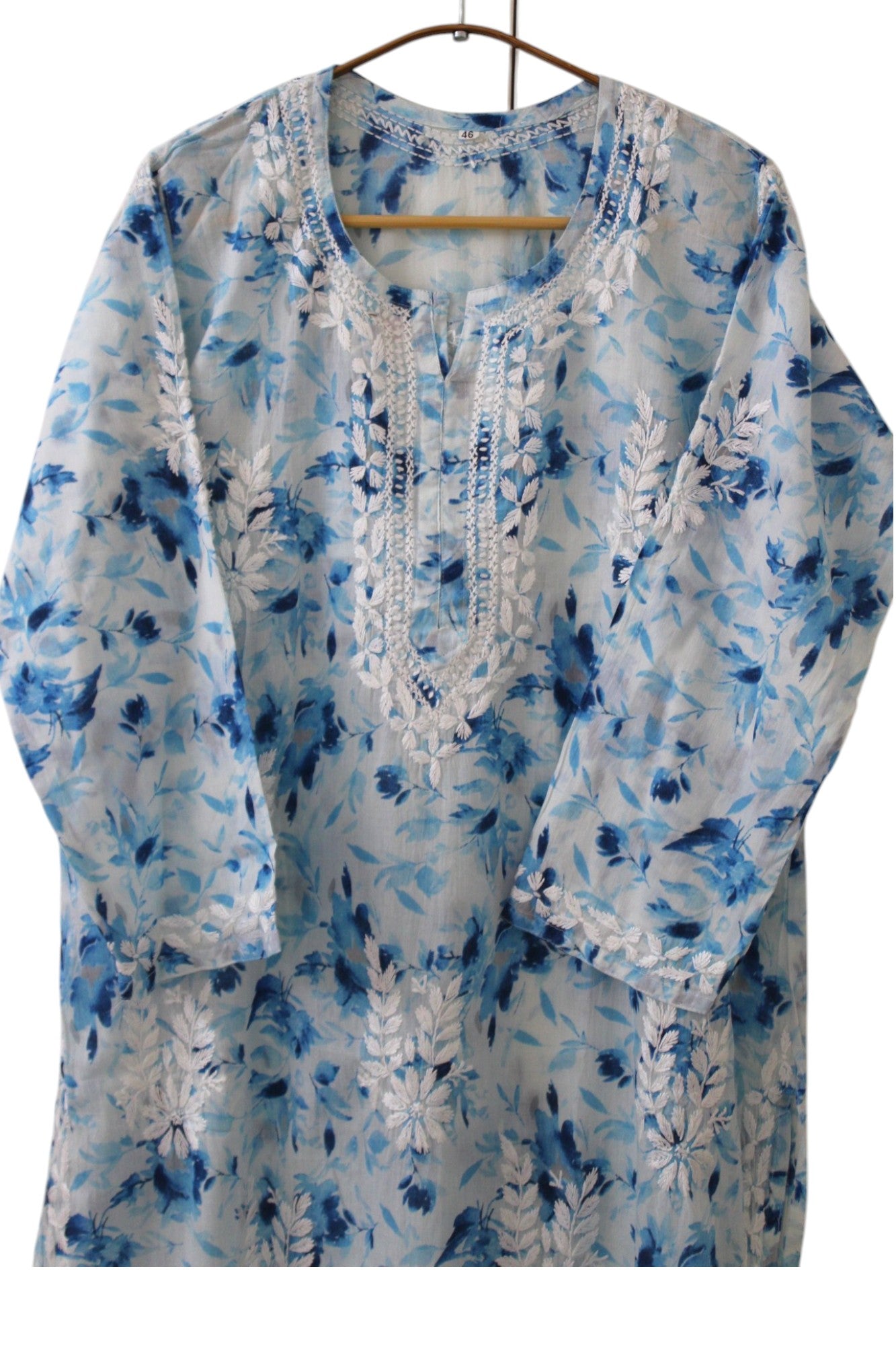 ICE BLUE MULMUL PRINTED LONG KURTA