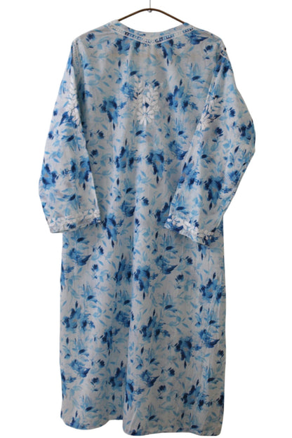 ICE BLUE MULMUL PRINTED LONG KURTA