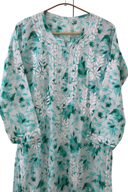 MINT GREEN MULMUL PRINTED LONG KURTA