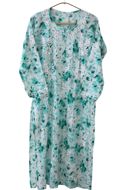 MINT GREEN MULMUL PRINTED LONG KURTA