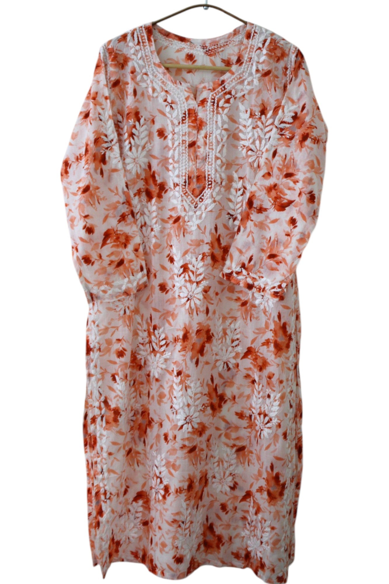 ORANGE MULMUL PRINTED LONG KURTA