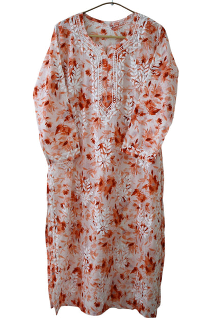 ORANGE MULMUL PRINTED LONG KURTA
