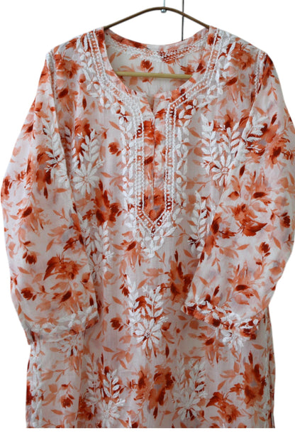 ORANGE MULMUL PRINTED LONG KURTA