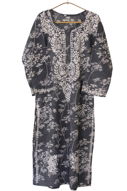 GREY MULMUL PRINTED LONG KURTA