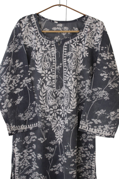 GREY MULMUL PRINTED LONG KURTA