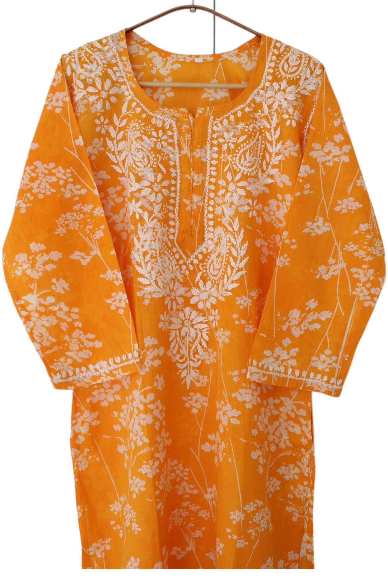 MARIGOLD YELLOW MULMUL PRINTED LONG KURTA