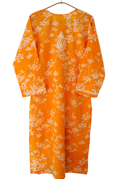 MARIGOLD YELLOW MULMUL PRINTED LONG KURTA